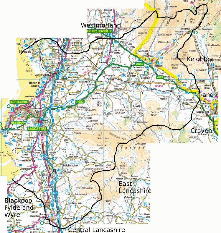 Local map: area of LA postcode area in Lancashire and North Yorkshire plus an area around Garstang bounded by the Brock and Pilling Moss.